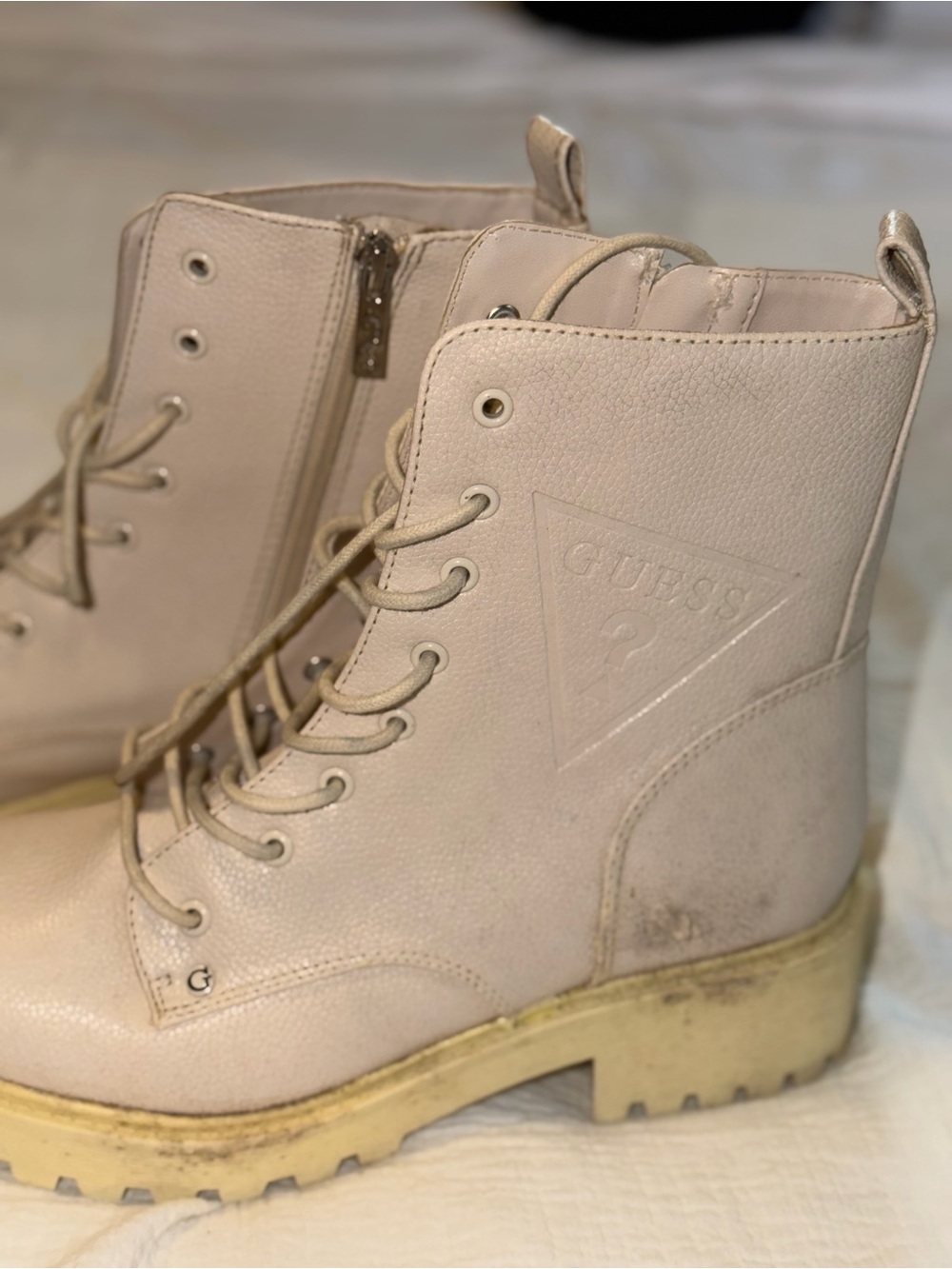 GUESS Light Beige Lace-Up Combat Boots with Side Zipper